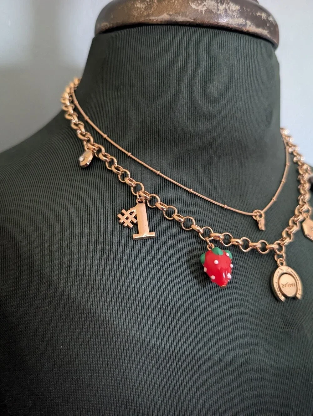 Gold-Tone Charm Necklace with Red Strawberry and Glass Heart